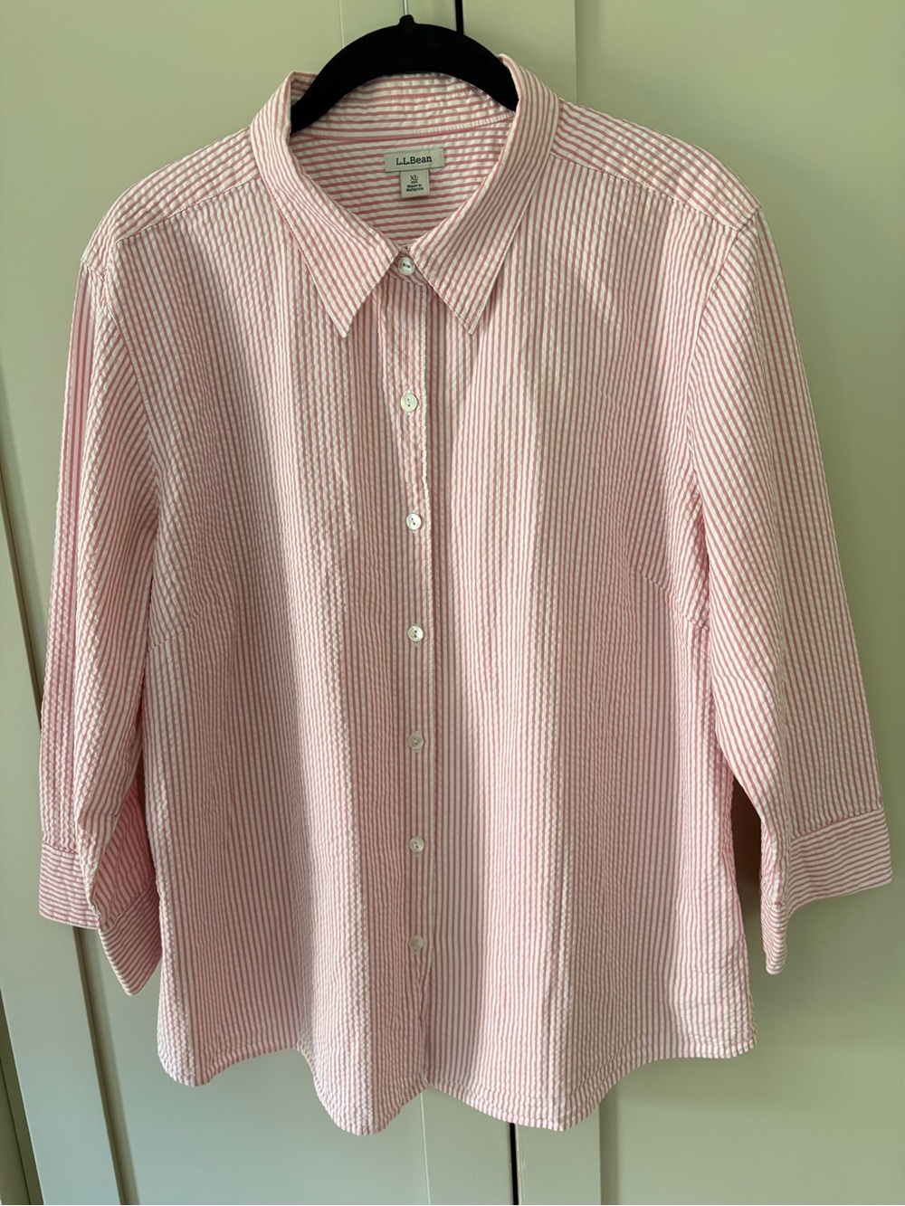 L.L. Bean Pink White Striped Seersucker Blouse SZ XL 3/4 Sleeve